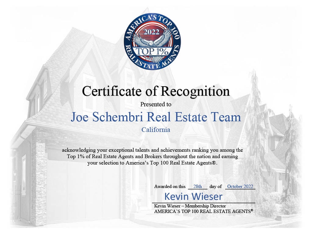  A "Certificate of Recognition" from "America's Top 100 Real Estate Agents" awarded in 2022.
