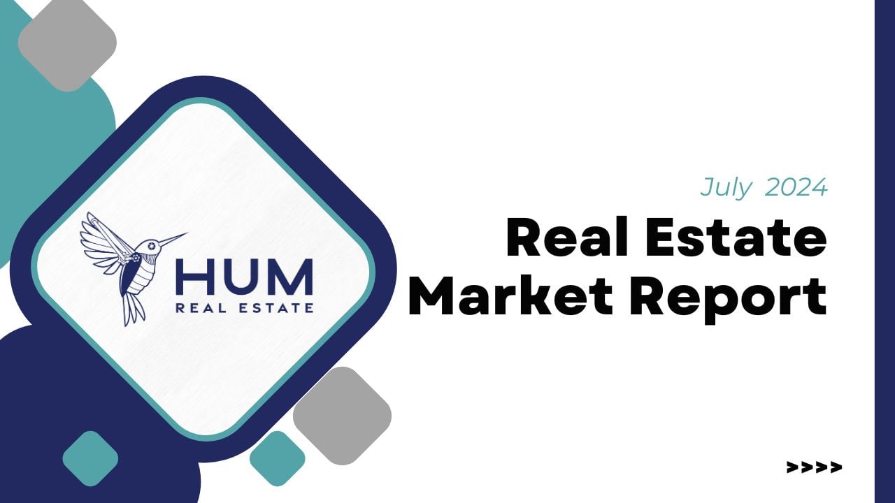 Thumbnail for the July 2024 Real Estate Market Report featuring the Hum company symbol, a bird above the company name "Hum"