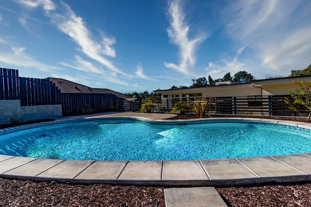 Curved swimming pool beside a modern home, with a dark privacy fence and blue sky.