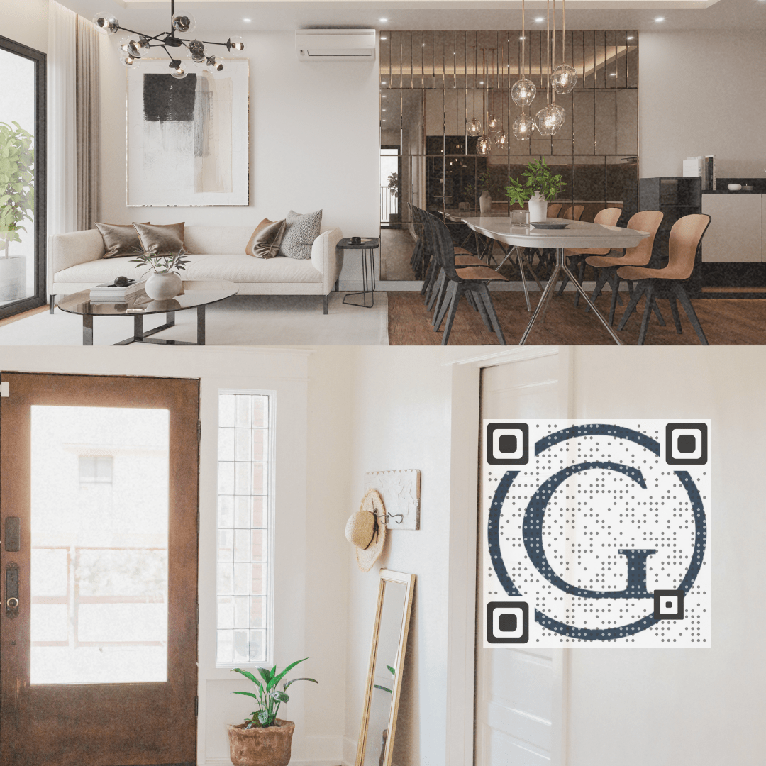 Staged open-plan living and dining room above a bright entry foyer with a QR code.