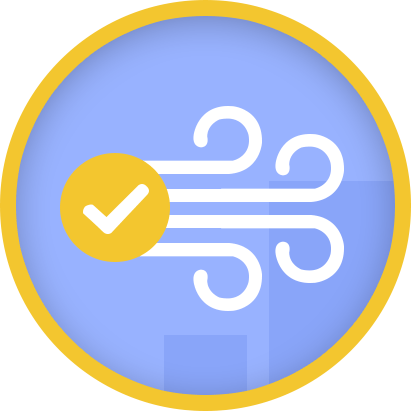 Wind lines and a yellow check mark inside a blue circle.