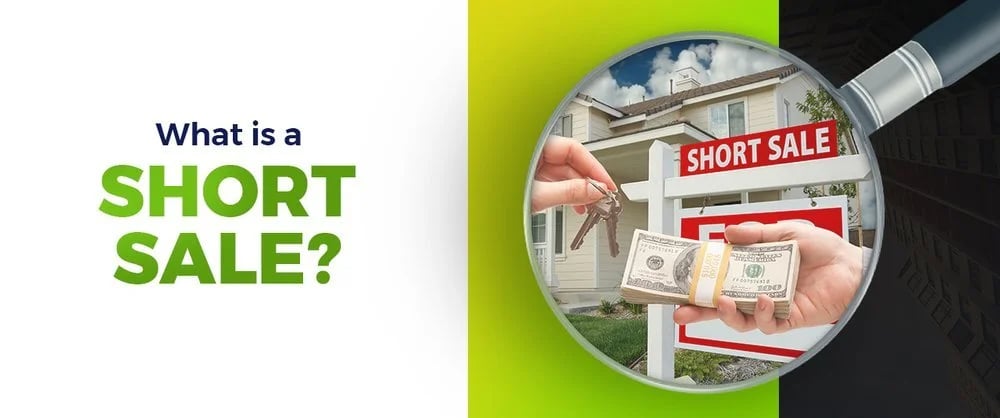 Graphic explaining short sales, with a house, short-sale sign, keys, and cash.