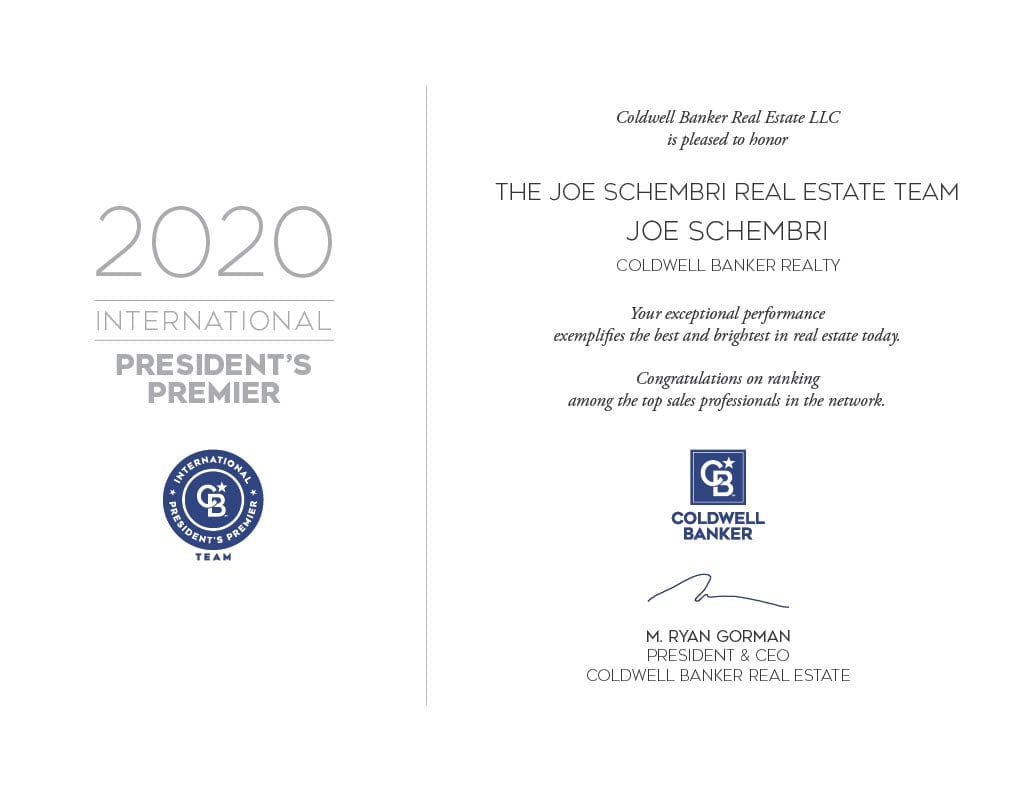 A gray banner on the left features "2020" and "INTERNATIONAL PRESIDENT'S PREMIER" along with a Coldwell Banker International President's Premier Team logo. 