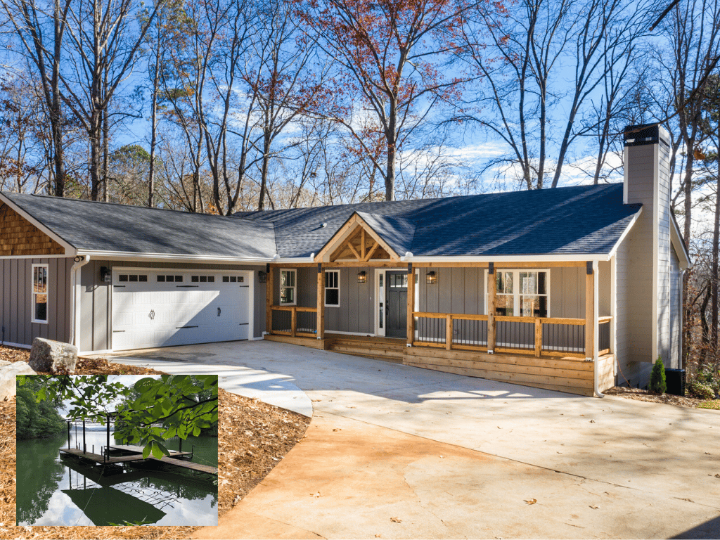 Gray single-story home with timber-trimmed porch, attached garage, and inset view of a dock on calm water.