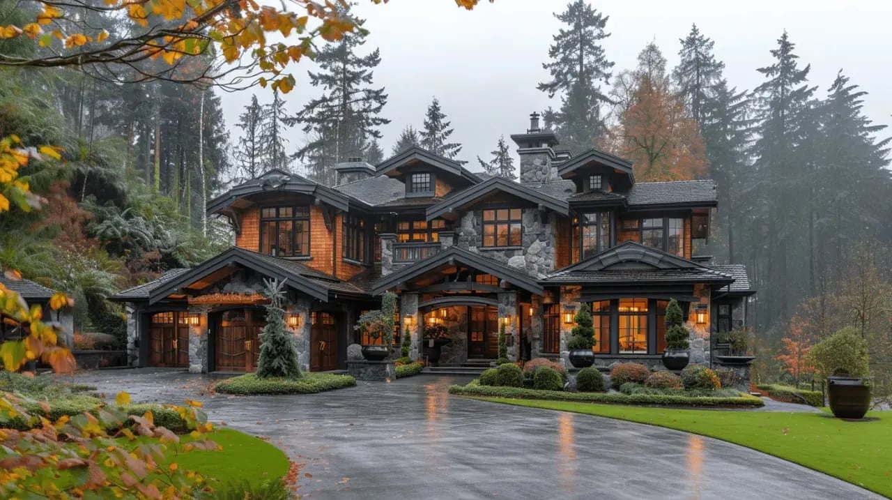 A large, rustic stone house with a wood exterior, surrounded by autumn trees and a wet driveway.