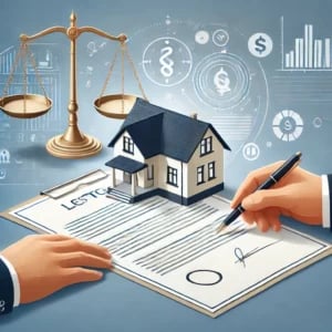 Illustration of a house on a financial document beside scales and a hand writing with a pen.