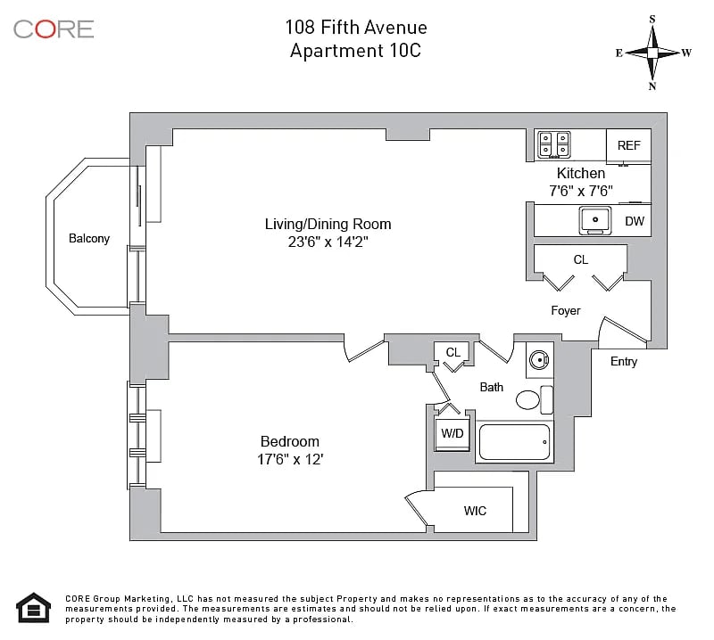 Floor plan for 108 Fifth Avenue, Apartment 10C, with a balcony and one bedroom.