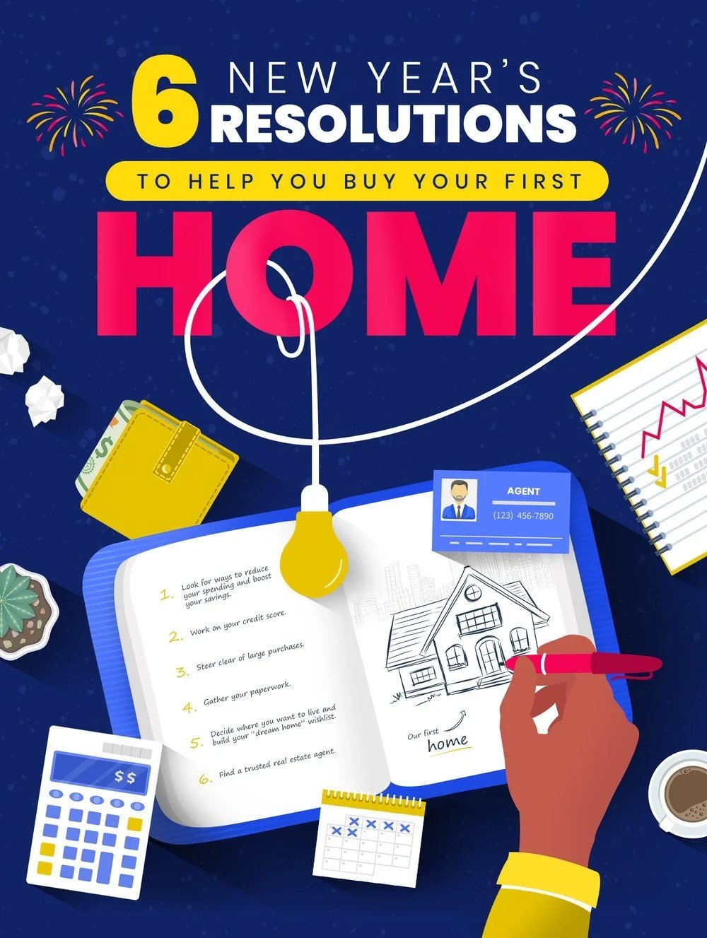 Graphic listing six New Year’s resolutions for buying a first home, with a planner and house sketch.
