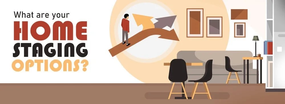 What are your home staging options? Illustration of a person arranging an arrow in a furnished living room.