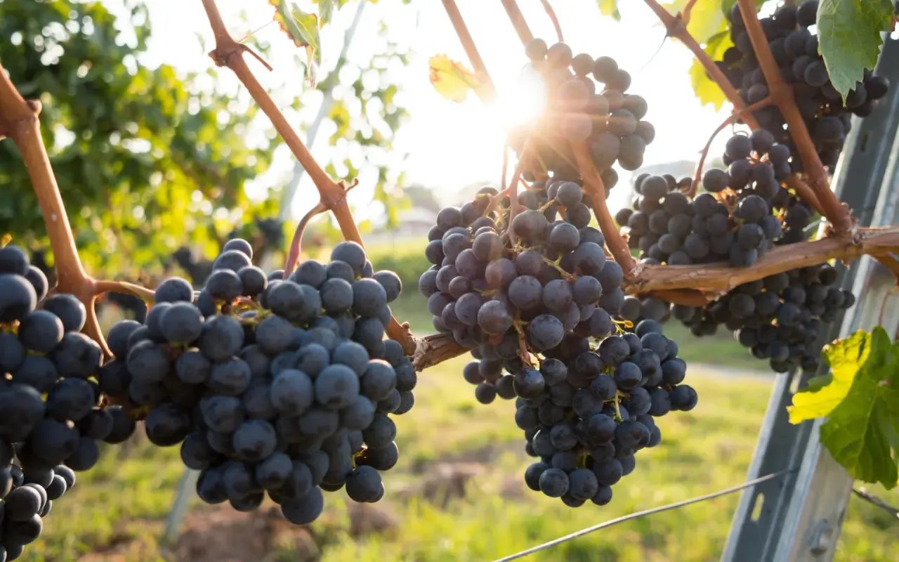 A bunch of purple grapes hanging from a vine in a lush green vineyard. The atmosphere is peaceful and tranquil.