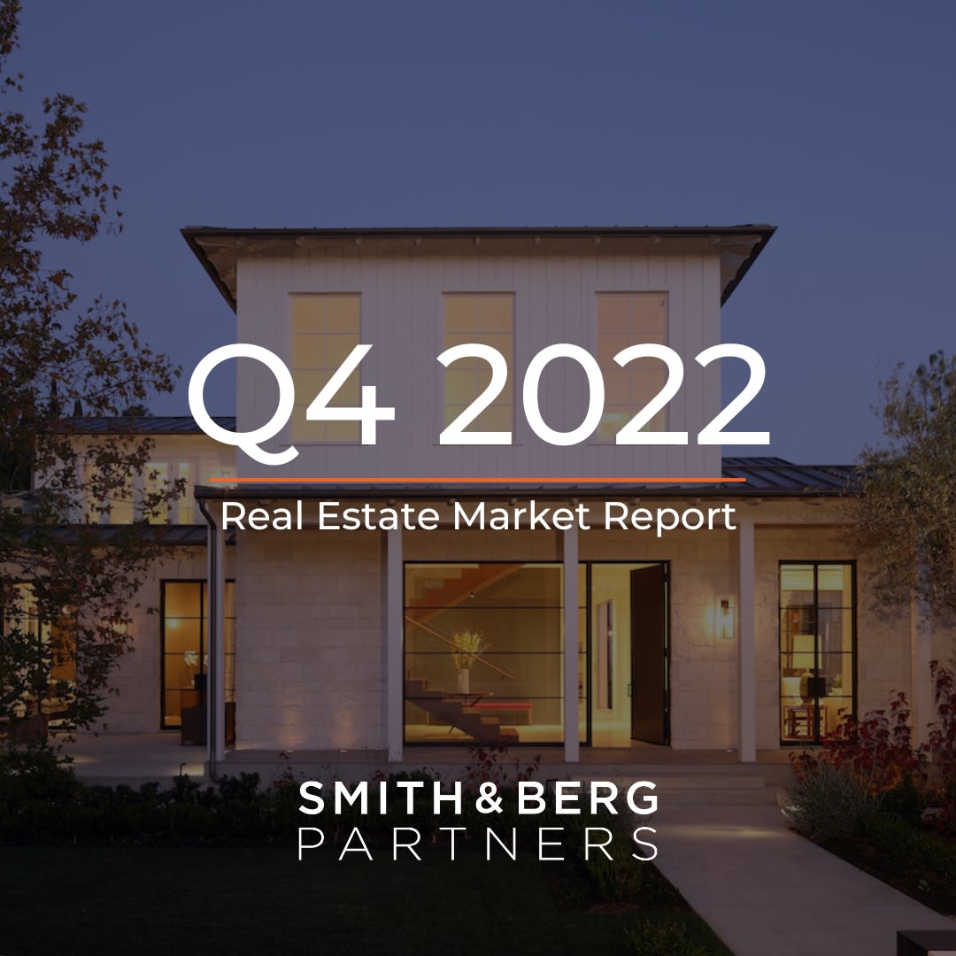  The cover of a "Real Estate Market Report" for "Q4 2022" features a modern, two-story house with white and light-colored stone 