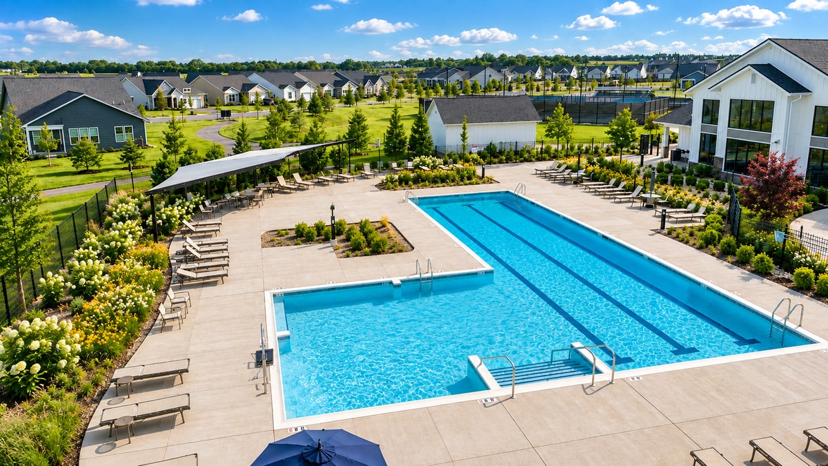 Outdoor swimming pool at Lincoln Prairie by Del Webb in Aurora Illinois