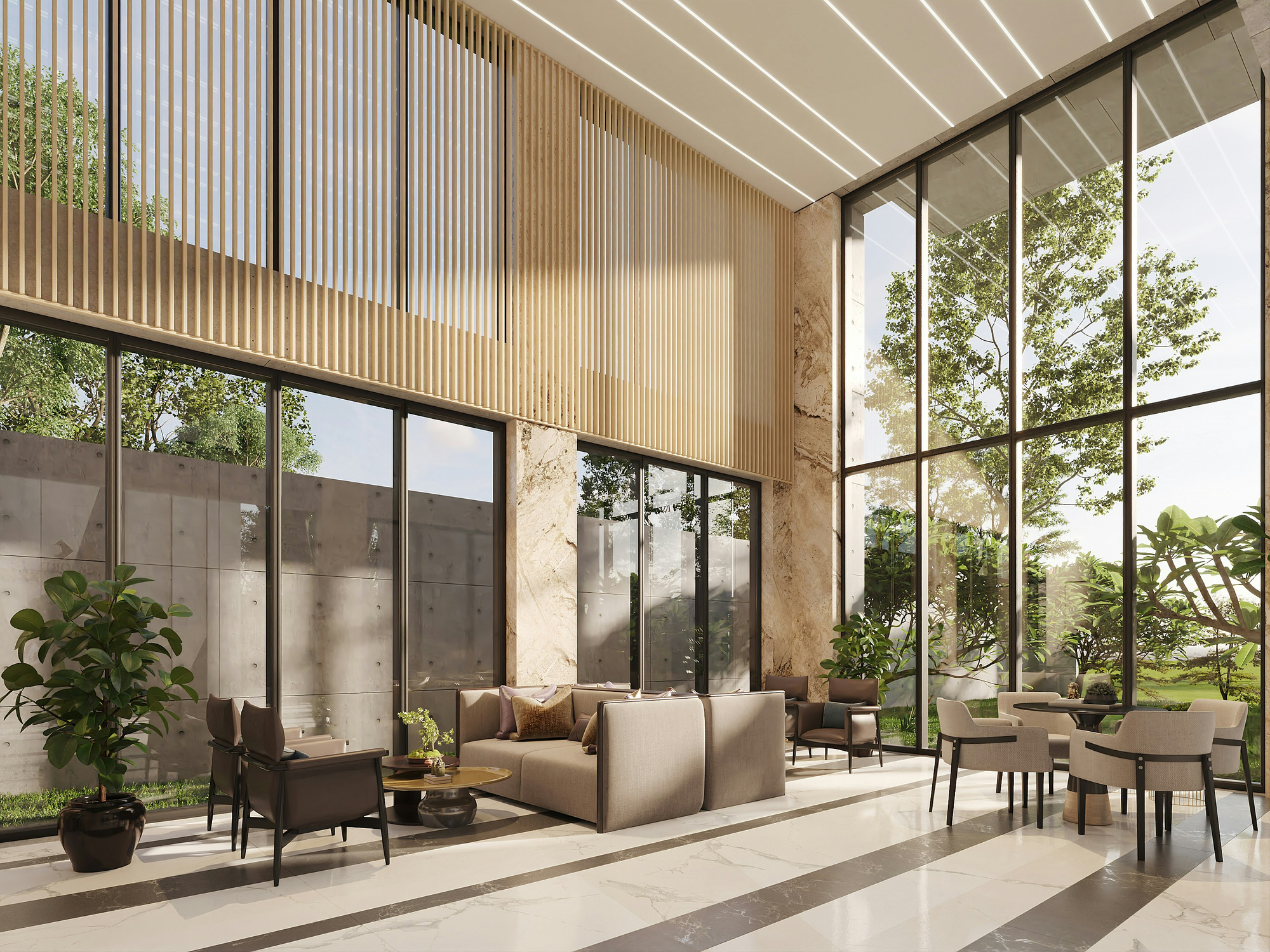 Sunlit contemporary living space with floor-to-ceiling windows and views of the surrounding landscape