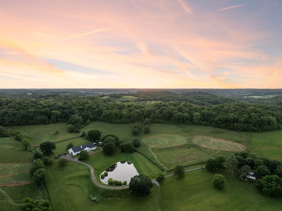 Aerial view of pond and countryside