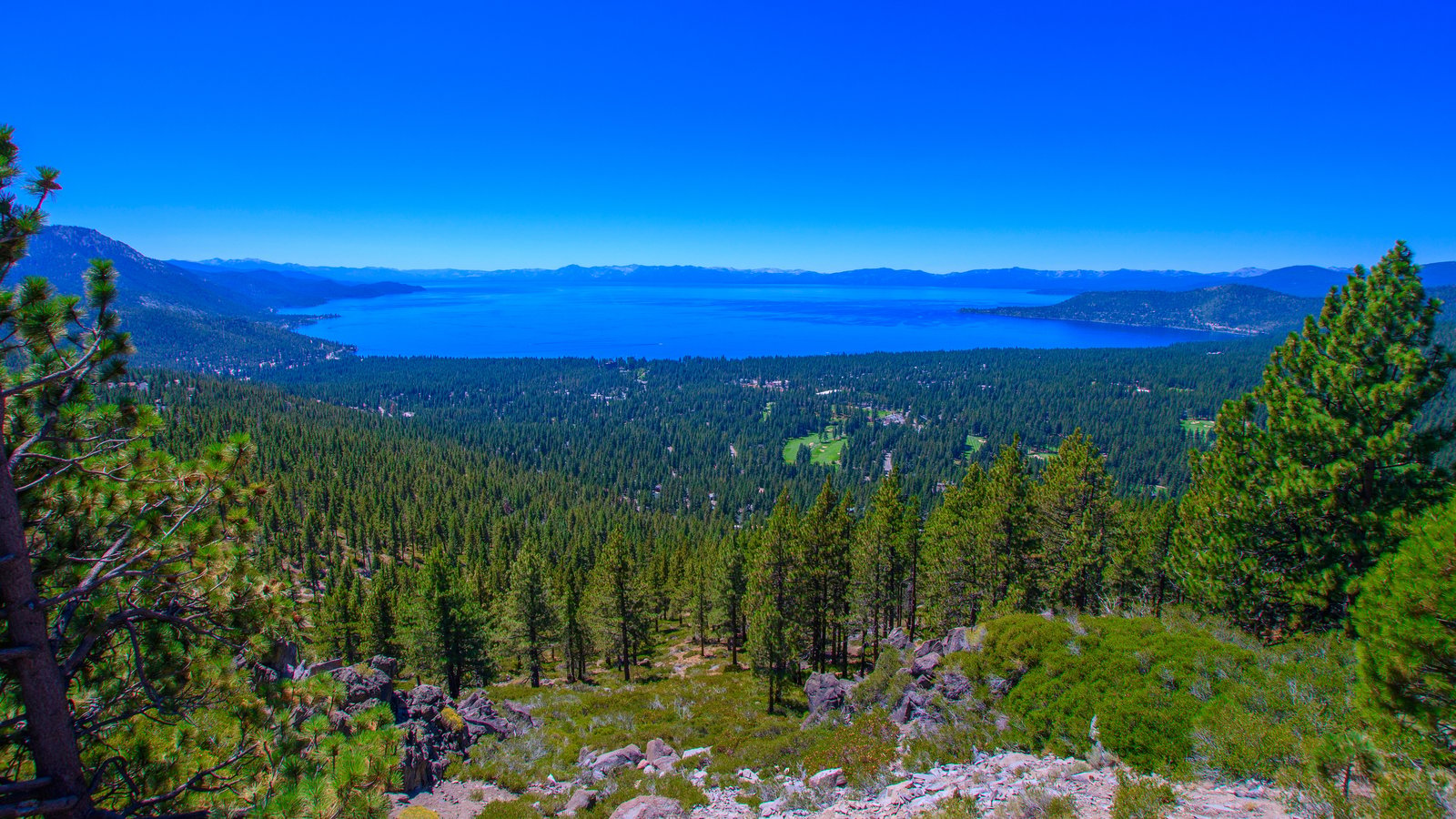 Incline Village spread through the pines below the Mt. Rose Highway scenic overlook, with Lake Tahoe and the far-shore mountains beyond on a clear summer day