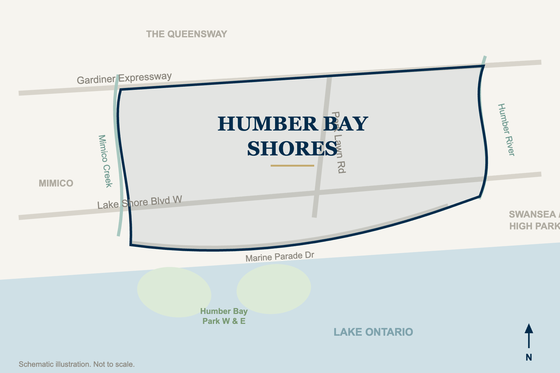 Schematic map of Humber Bay Shores in Etobicoke, the lakefront wedge between the Gardiner Expressway, the Humber River, Lake Ontario, and Mimico Creek