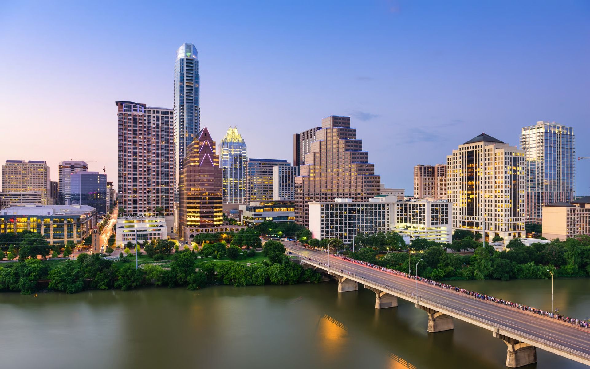 Downtown Austin skyline over Lady Bird Lake near Barton Hills and Zilker