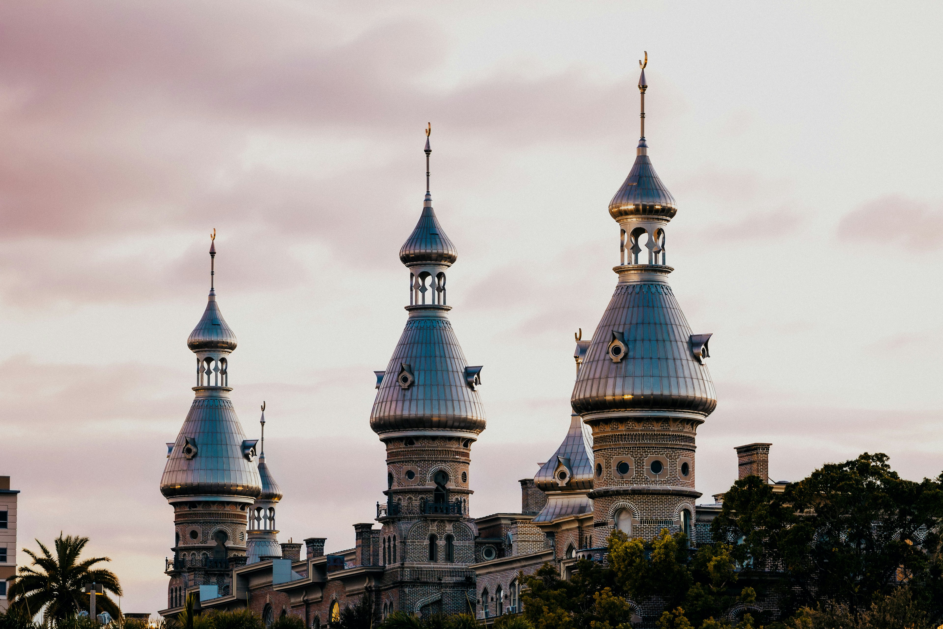 University of Tampa campus and minarets viewed across the Hillsborough River at sunset