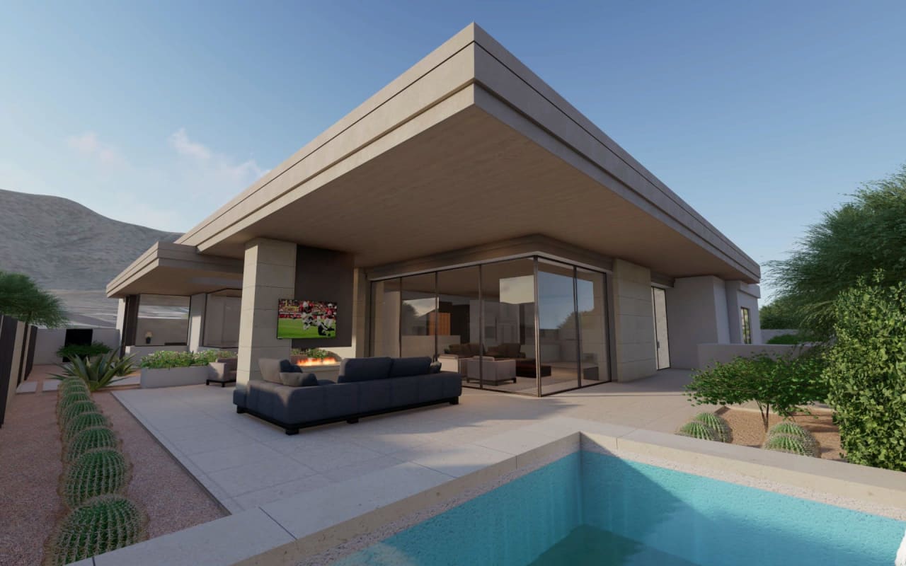 Rendering of modern home with resort backyard