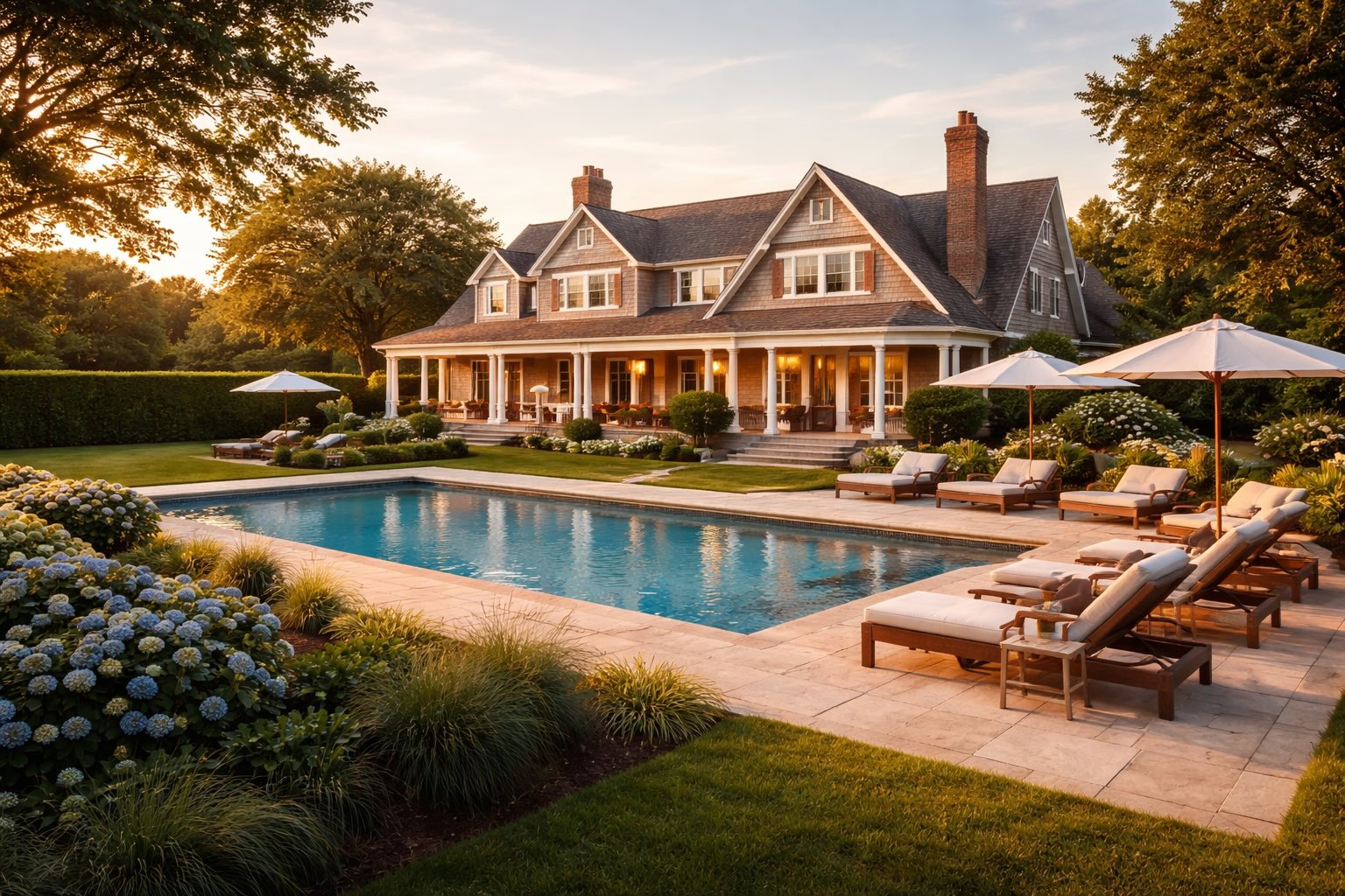 Bridgehampton home shown from the backyard with large pool