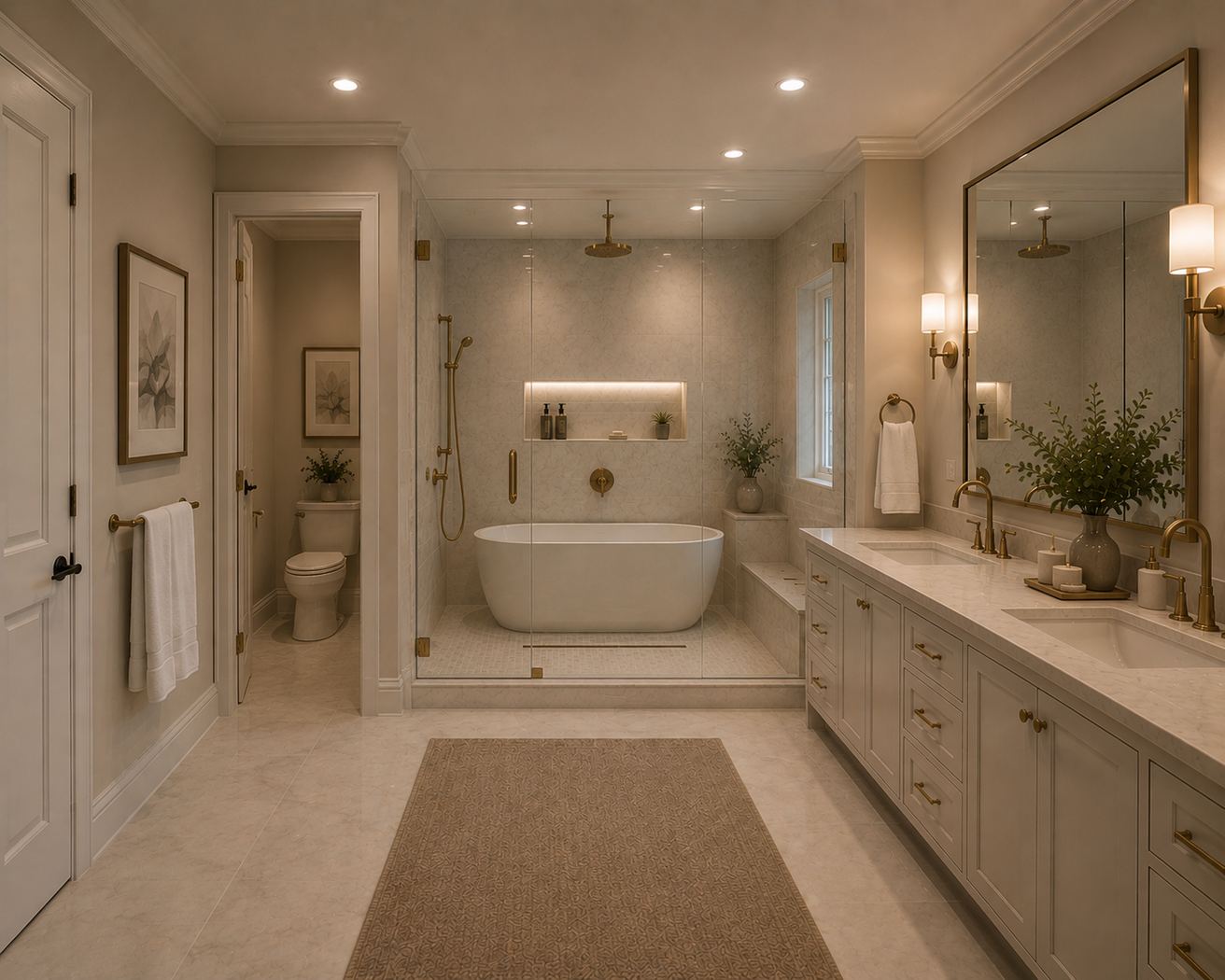 Primary bath with soaking tub and brass fixtures