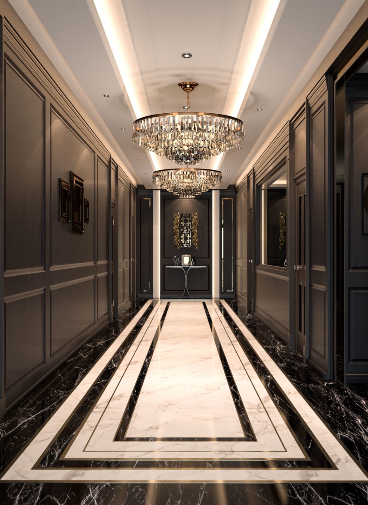 A long, dark hallway with a chandelier hanging from the ceiling on a condo building.