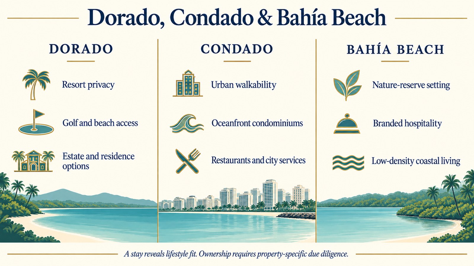 Comparison infographic for Dorado Beach, Condado, and Bahía Beach luxury lifestyles