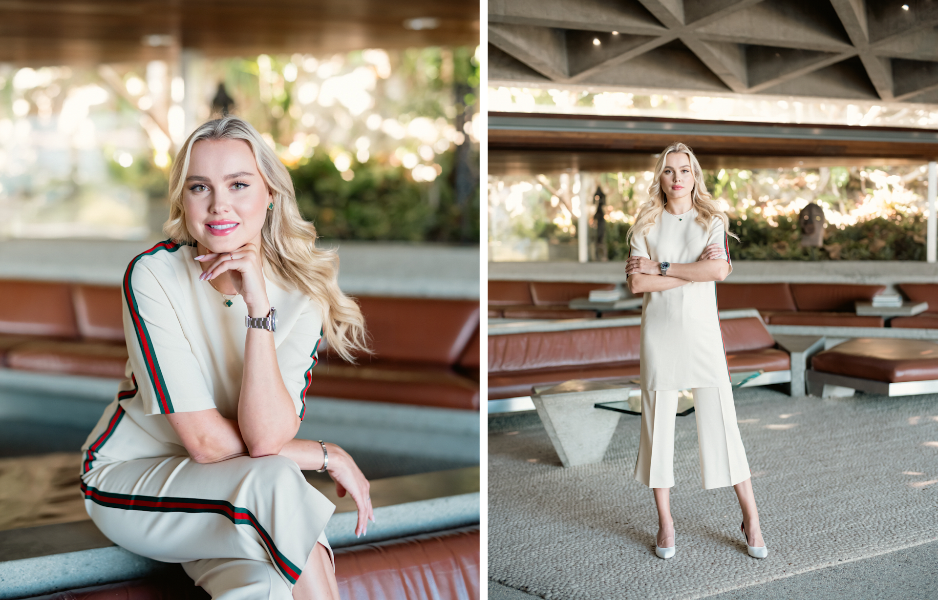 Ilona Laor in two portraits, seated and standing in a modern lounge.