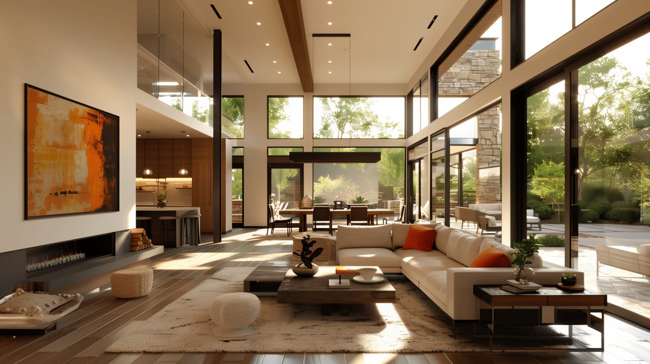 A spacious, open-concept living room with floor-to-ceiling windows overlooking a lush green landscape