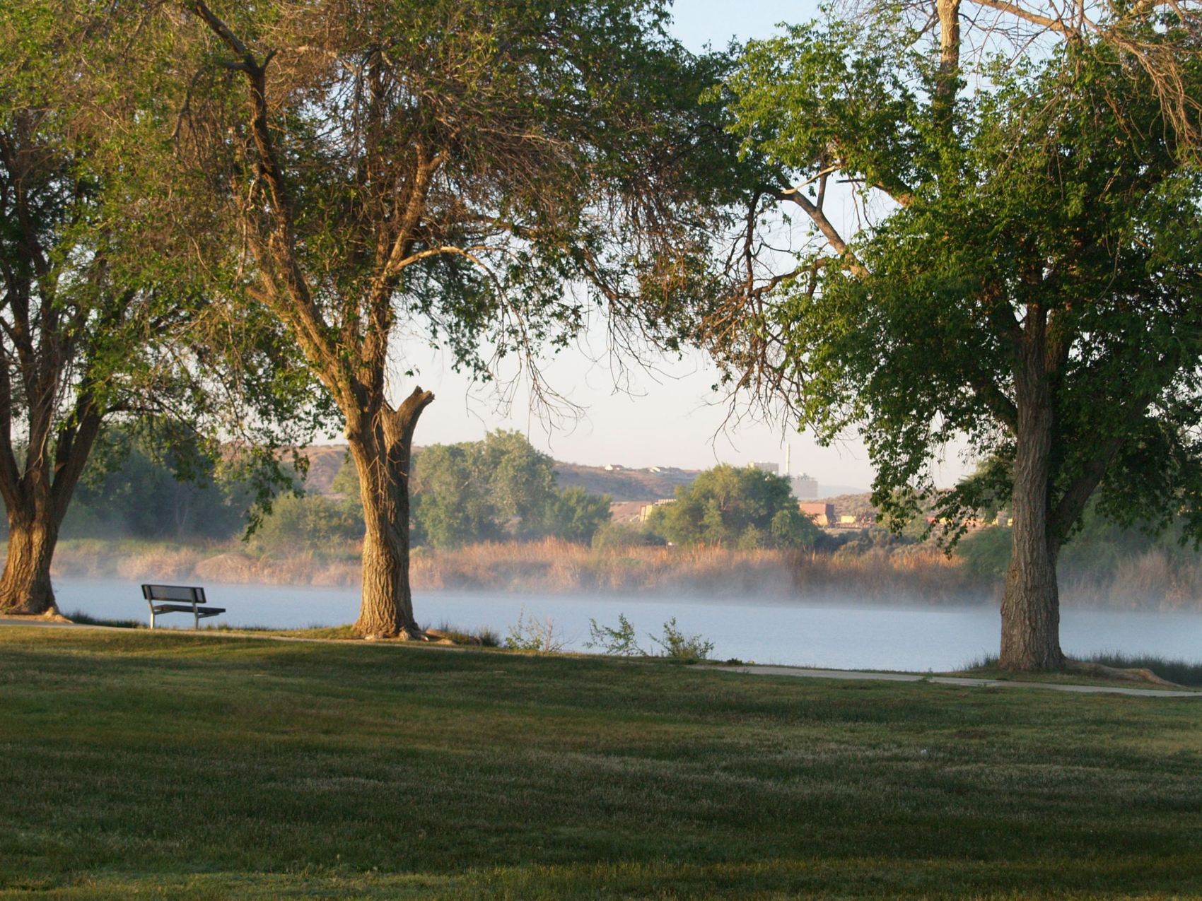 Lake and shaded picnic lawn at nearby Mojave Narrows Regional Park