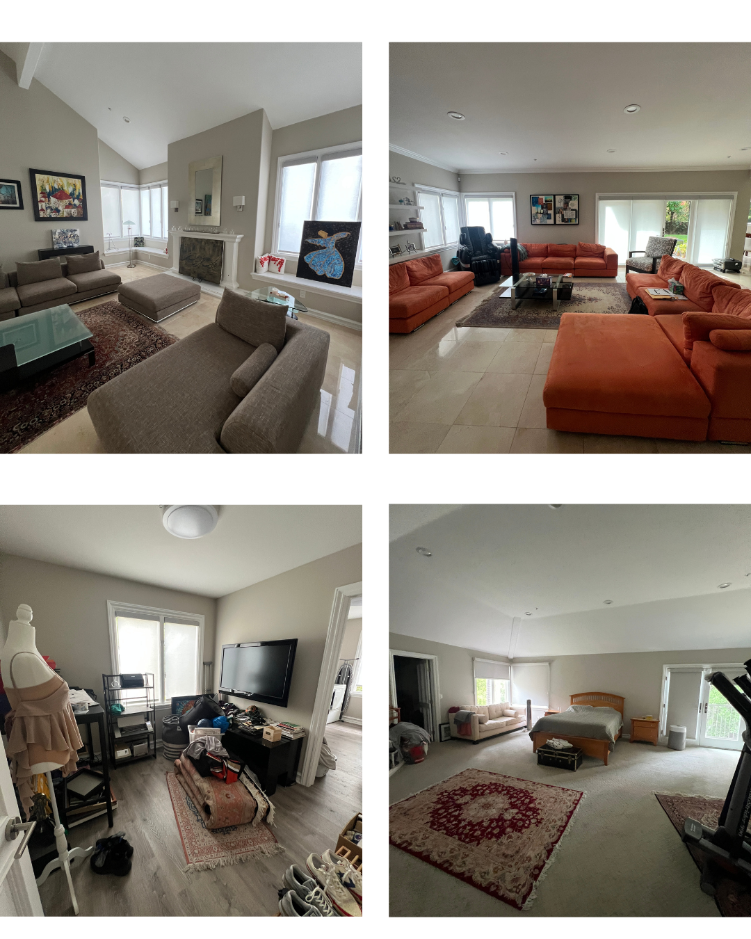 Home interiors before and after staging, including living rooms and bedrooms.