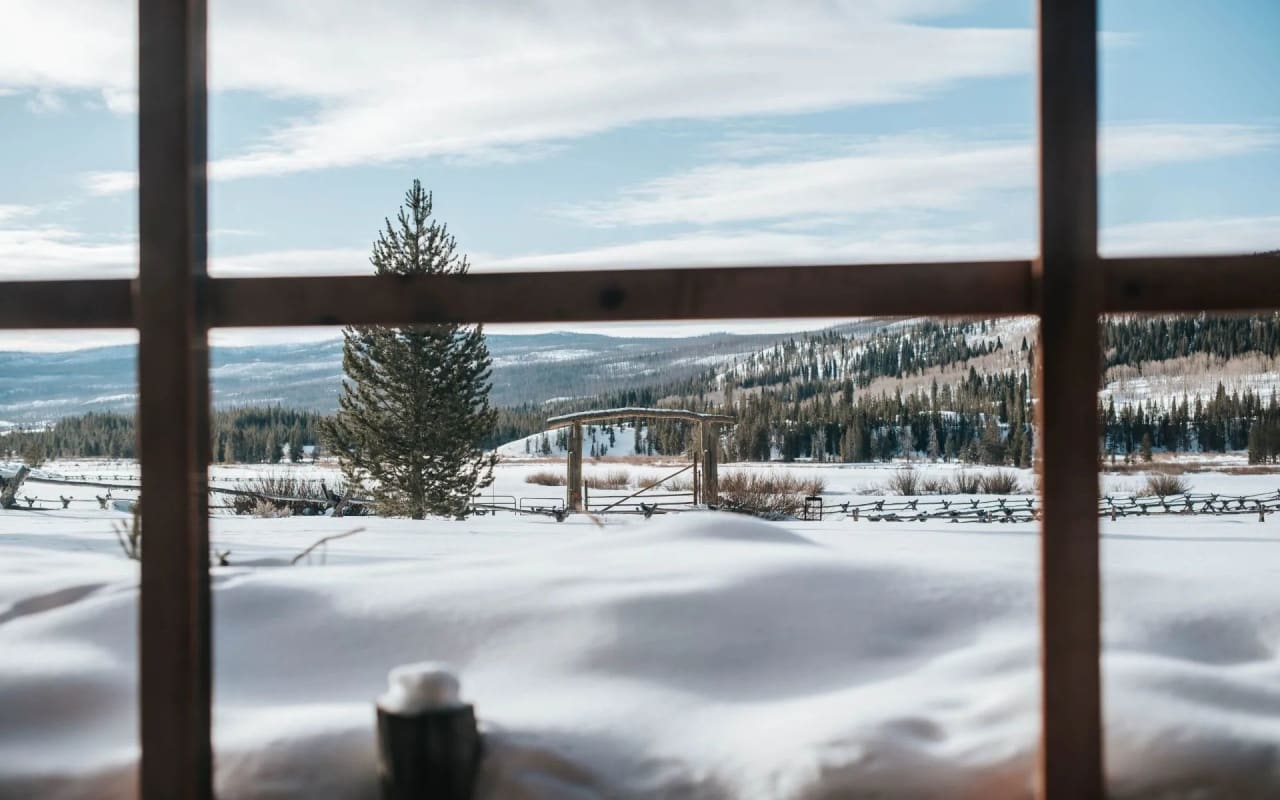 A picturesque winter scene viewed through a windowpane