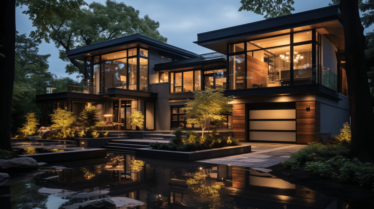 A modern, two-story house with a sleek black exterior and large windows, illuminated by warm lights