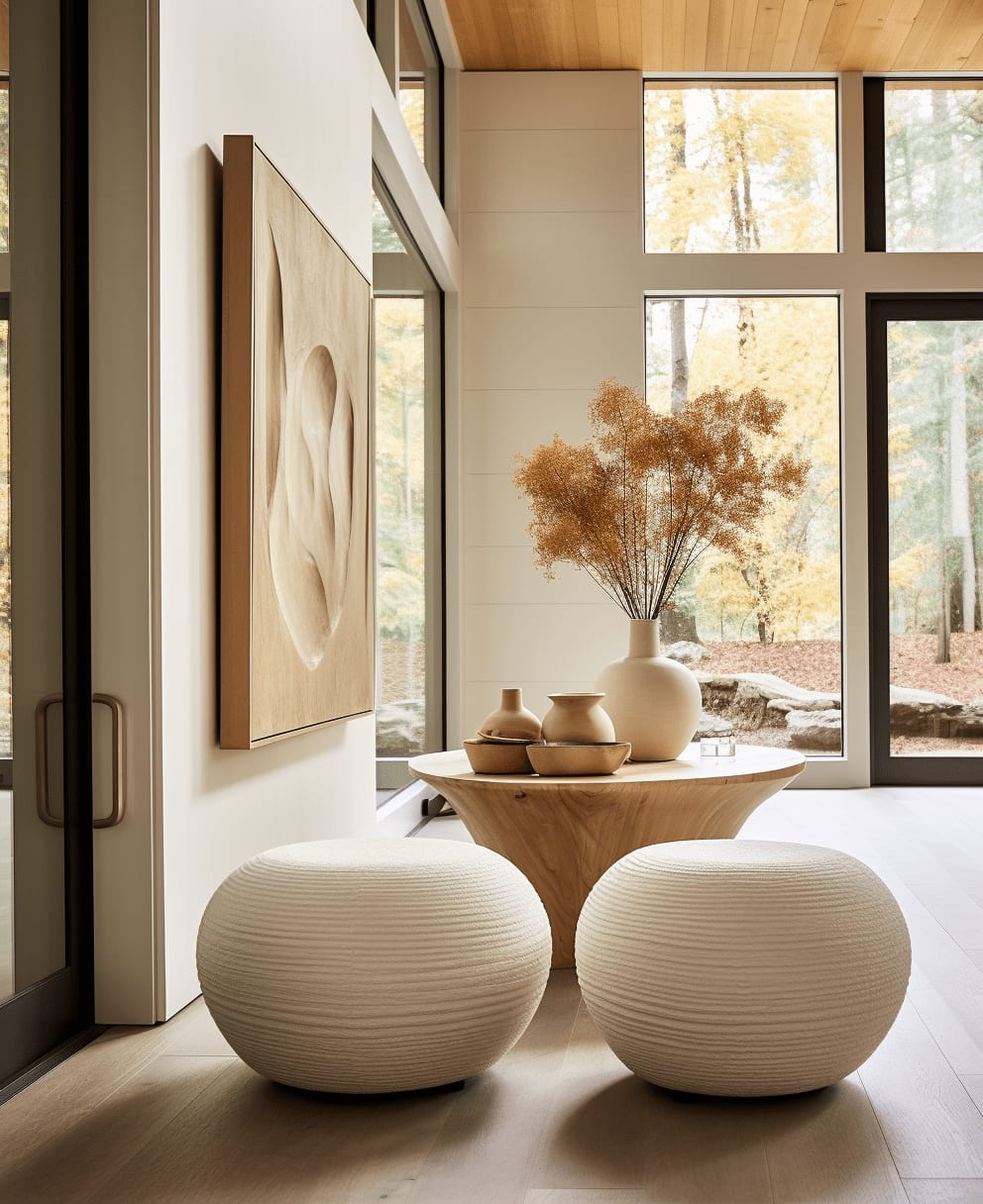 Minimalist living room with large windows, textured wall art, and two round ottomans.