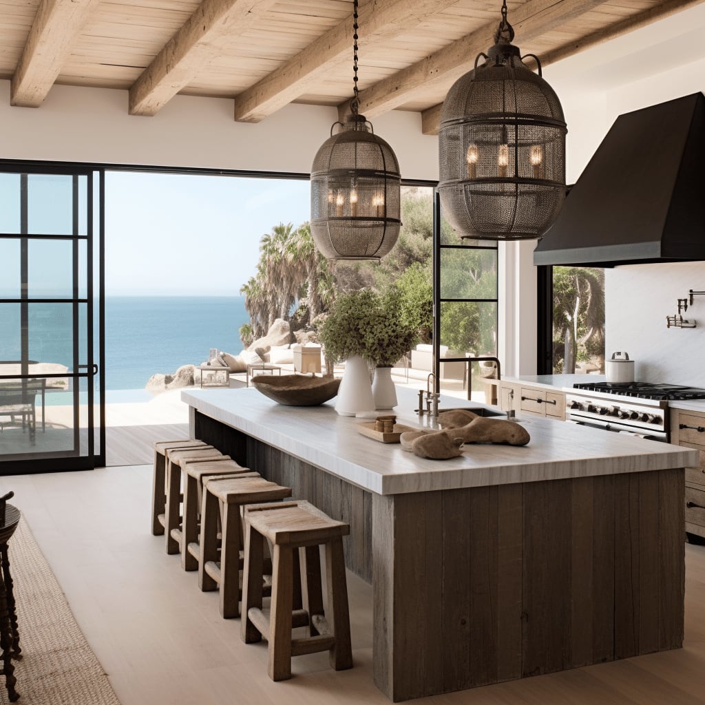 A modern kitchen with an island, wooden counters, rustic beams, a fireplace, and patio doors opening to an ocean view.