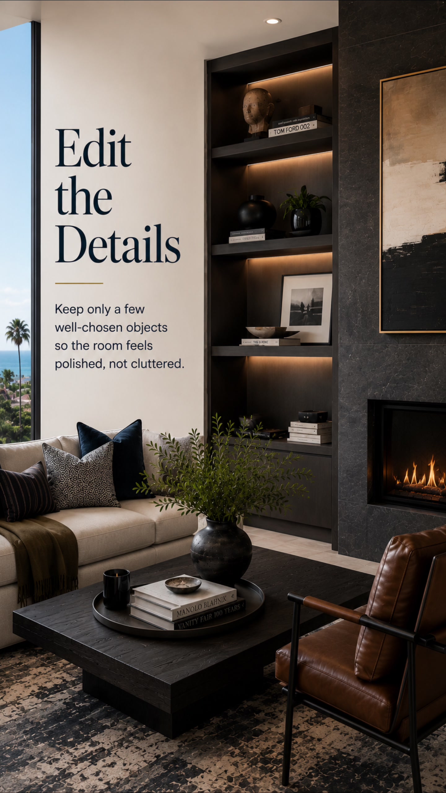 Edit the details — an edited coffee table vignette with books, a bowl and greenery