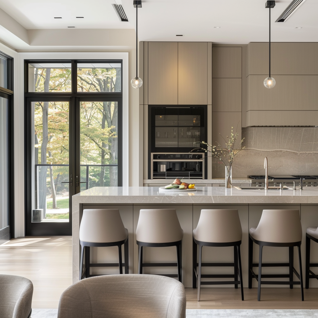 A modern living room featuring a kitchen and dining area, showcasing contemporary furniture and open space design.
