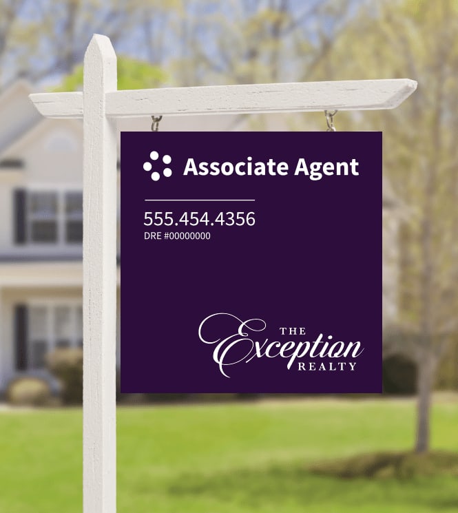 A purple real estate sign with contact information and the word "Exception" hanging from a white metal pole in front of a house.