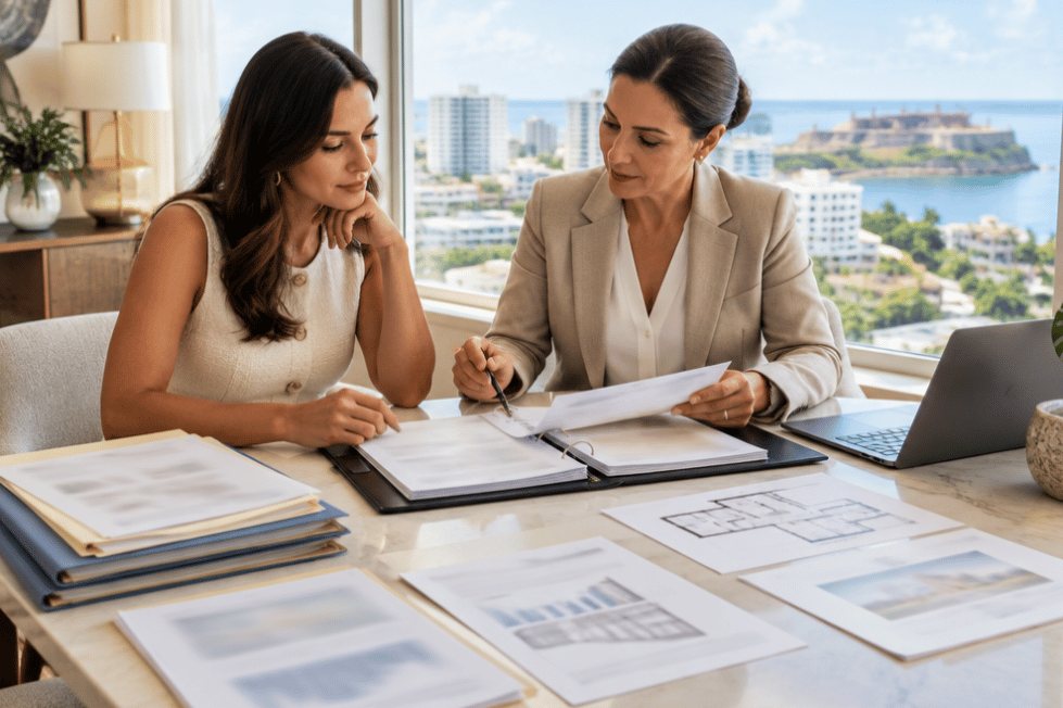 Buyer and adviser reviewing condominium documents in San Juan, Puerto Rico