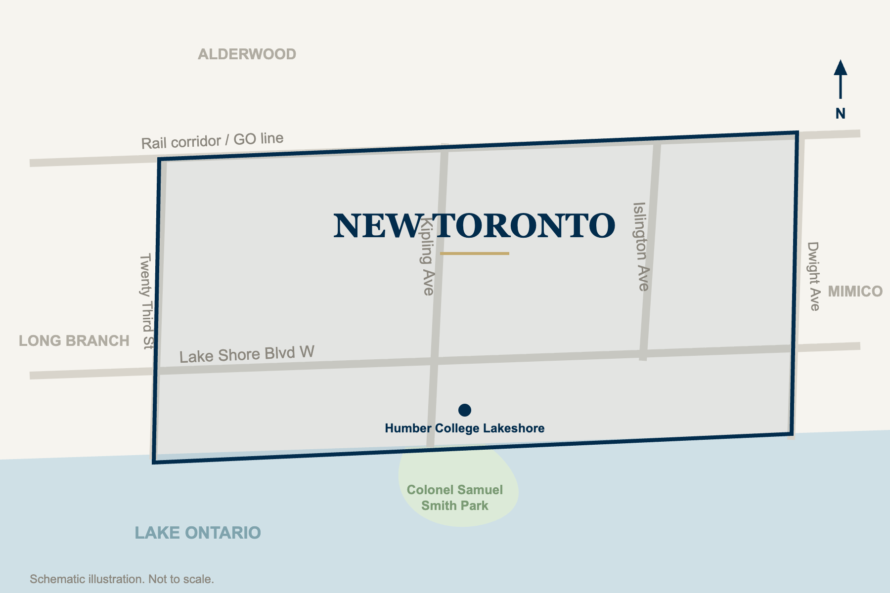 Schematic map of the New Toronto neighbourhood in Etobicoke, the numbered streets between the rail corridor, Dwight Avenue, Lake Ontario, and Twenty Third Street