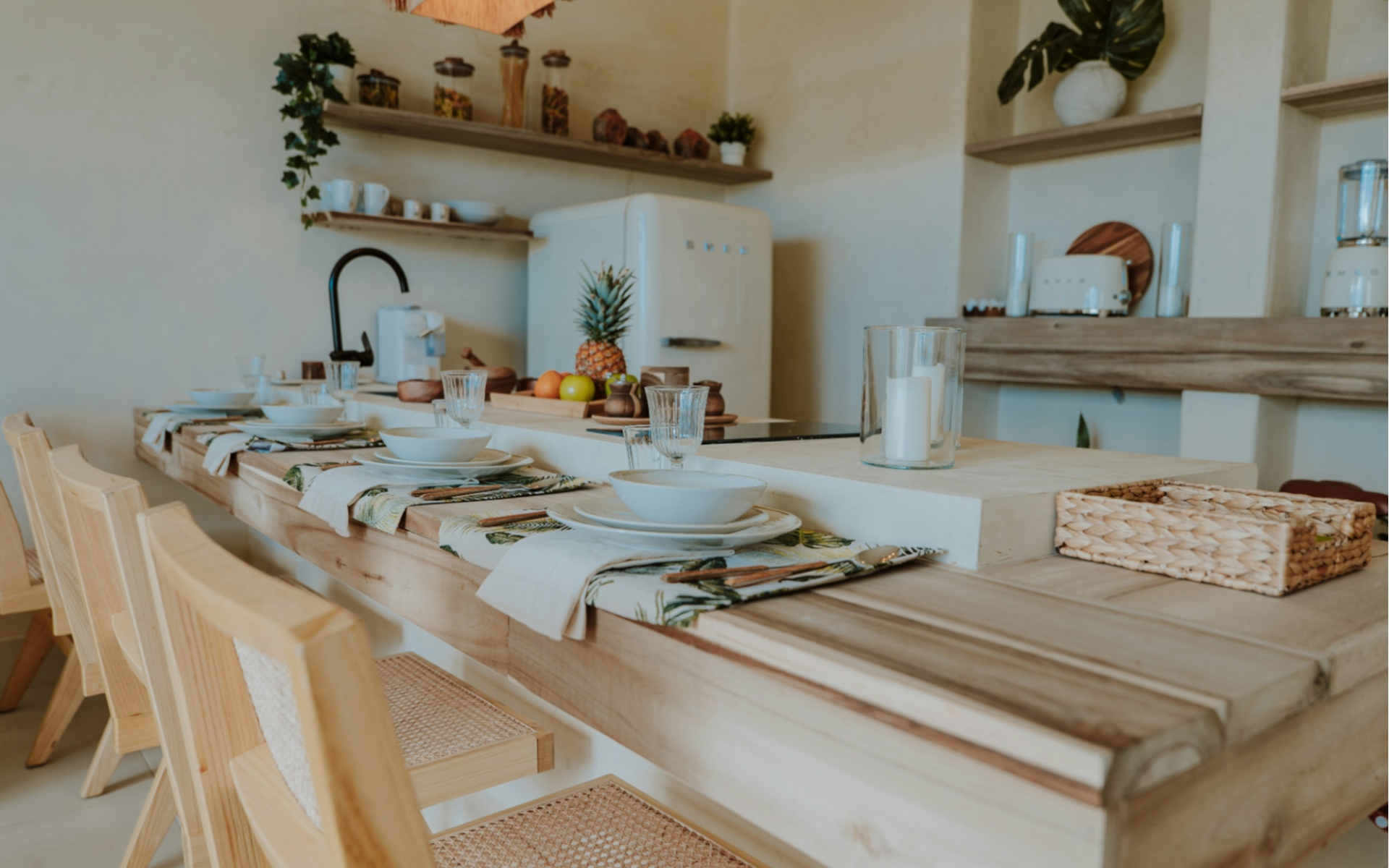 Modern Kitchen Interior with Wooden Dining Table and Minimalist Decor