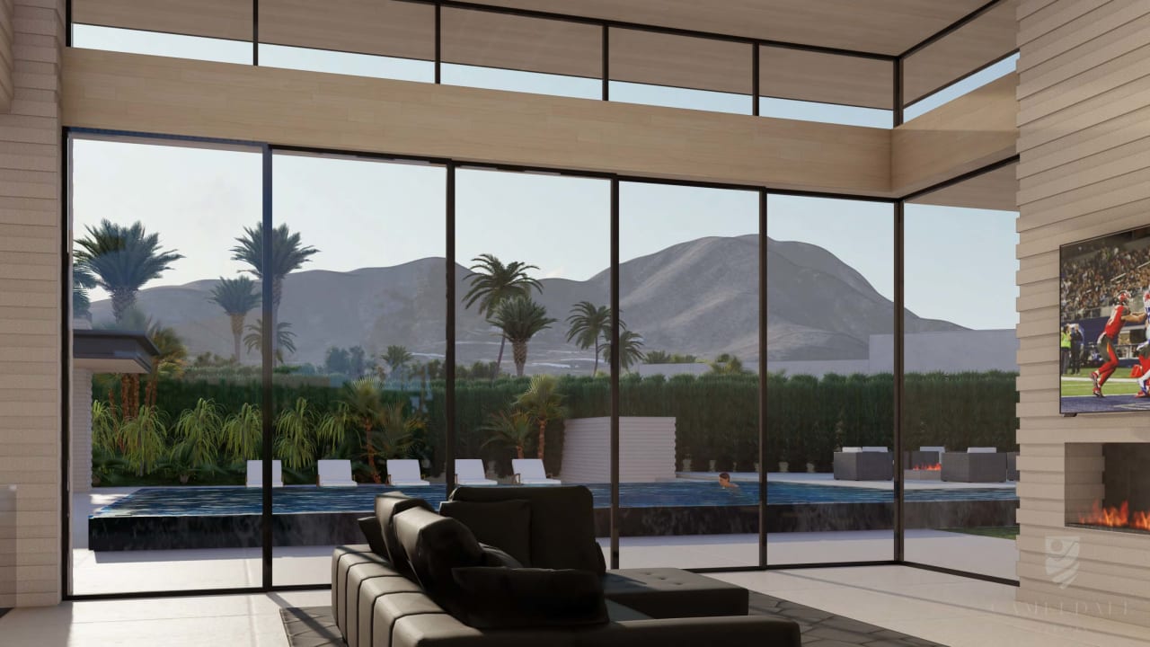 Modern living room with floor to ceiling windows