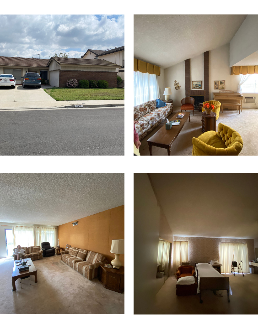 Single-story home with a driveway and furnished living rooms, shown before listing preparation.