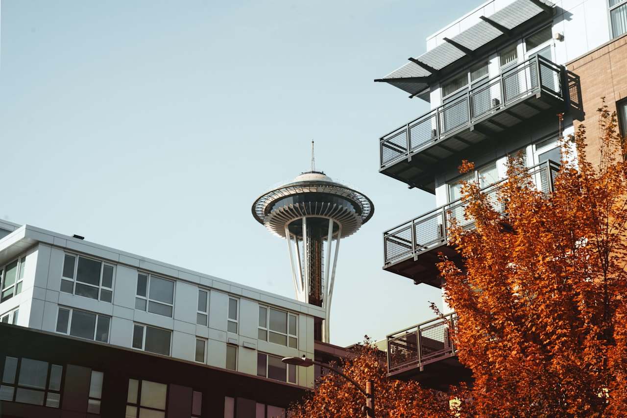 Space Needle framed by modern apartment buildings with autumn trees.