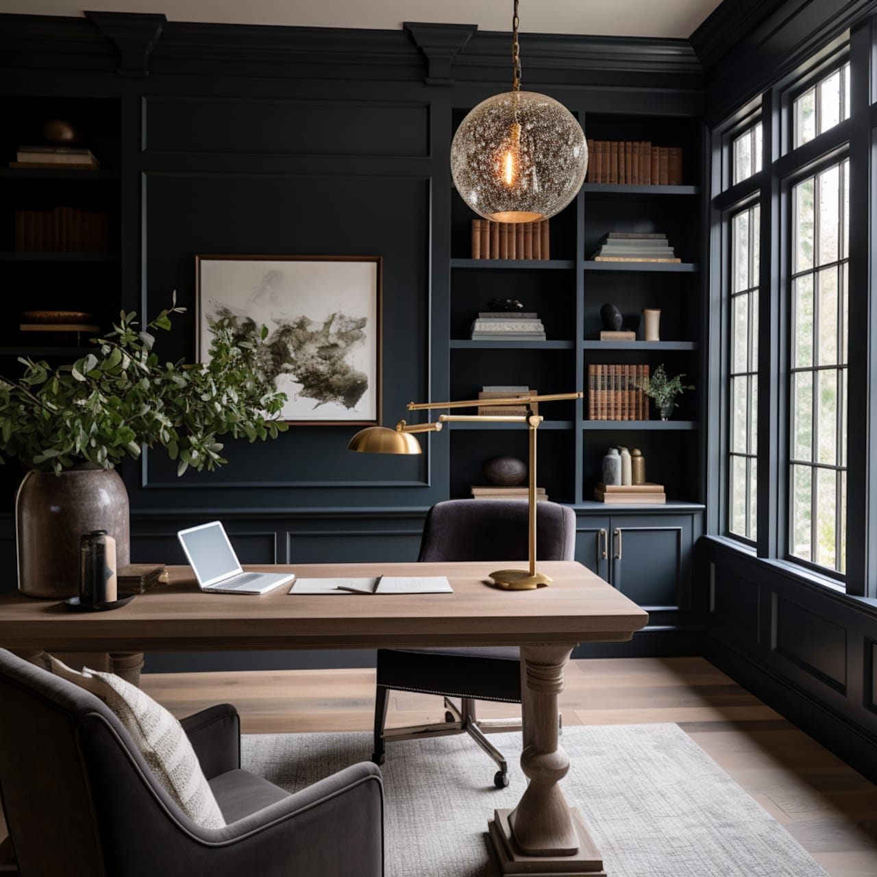 A stylish home office with dark blue walls and built-in bookshelves