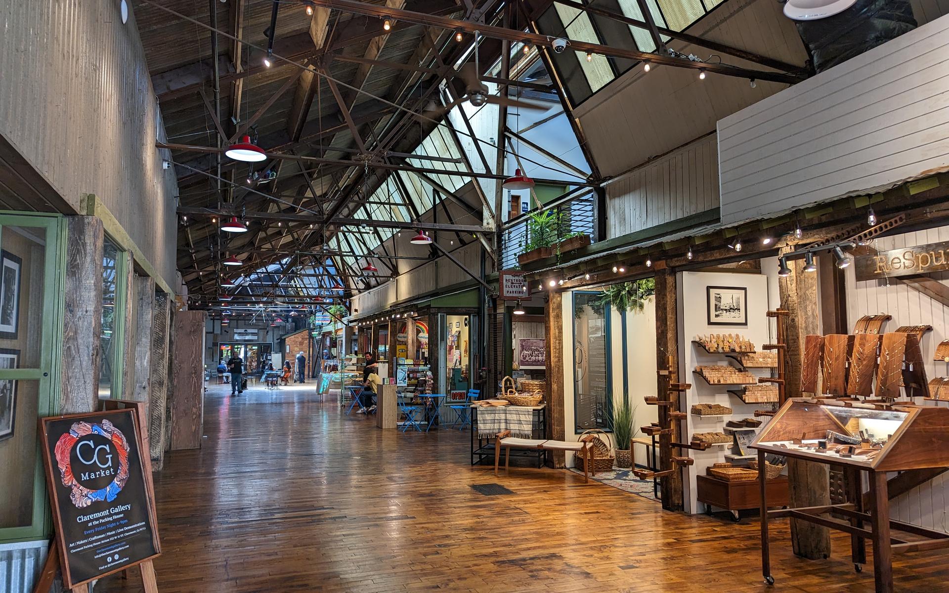 Timber roof structure and interior walkway at the Claremont Packing House