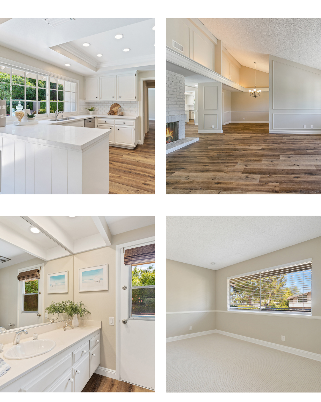 Four home interiors: bright white kitchen, open living area, bathroom vanity, and empty carpeted room.