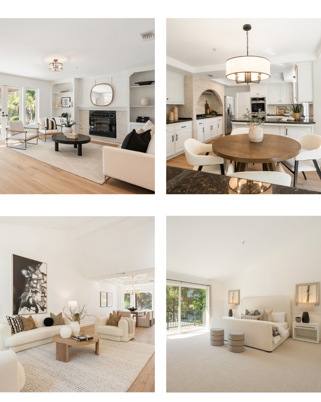Collage of staged home interiors featuring a living room, kitchen and dining area, and bedroom.