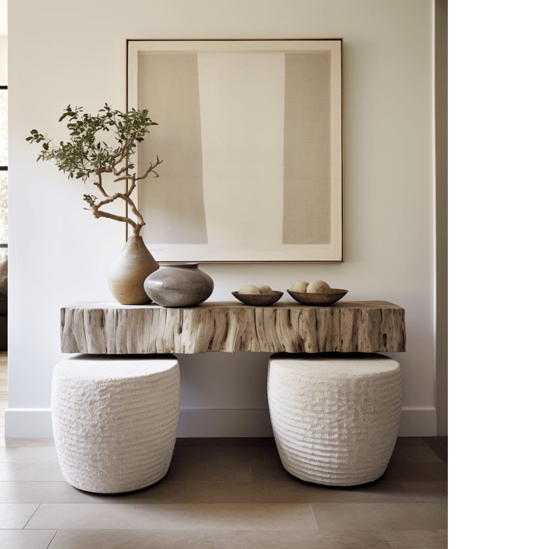 A wooden table with two stools pushed underneath.