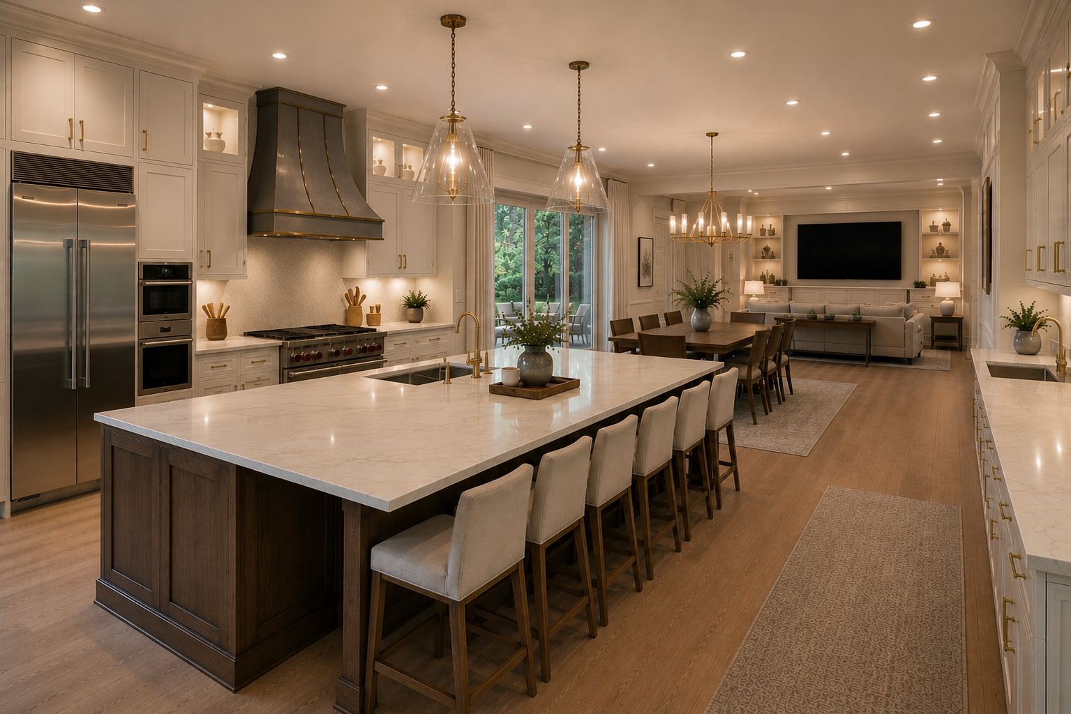Kitchen, island, and great room